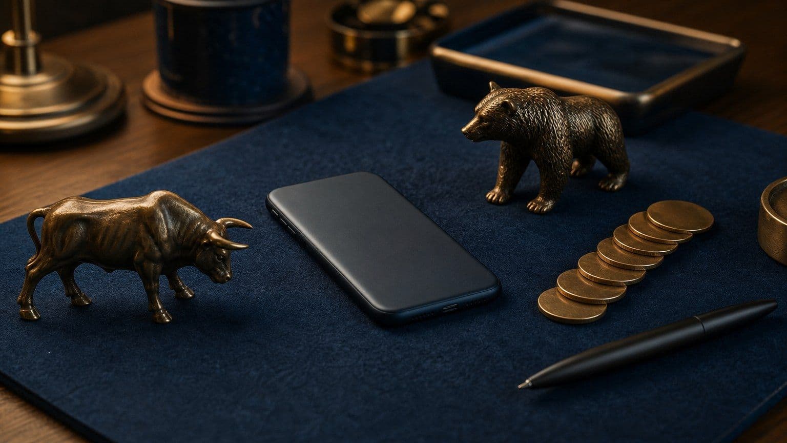 Ponsel tanpa layar terlihat diletakkan di meja investasi dengan figur banteng dan beruang kecil.