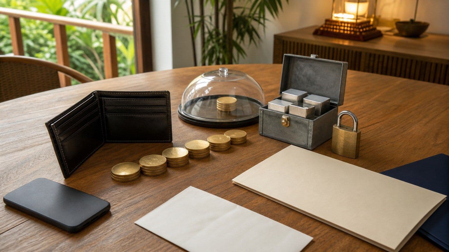 Still life meja keamanan aplikasi kripto dengan dompet, koin, lockbox, gembok, dan ponsel tertutup.