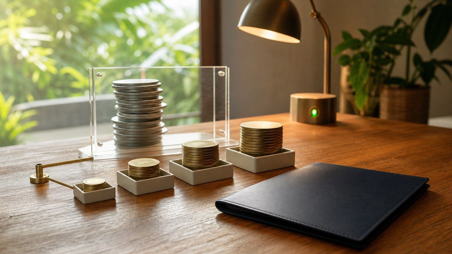 Still life meja perbandingan broker CFD deposit rendah dengan baki deposit kecil dan simbol risiko leverage.