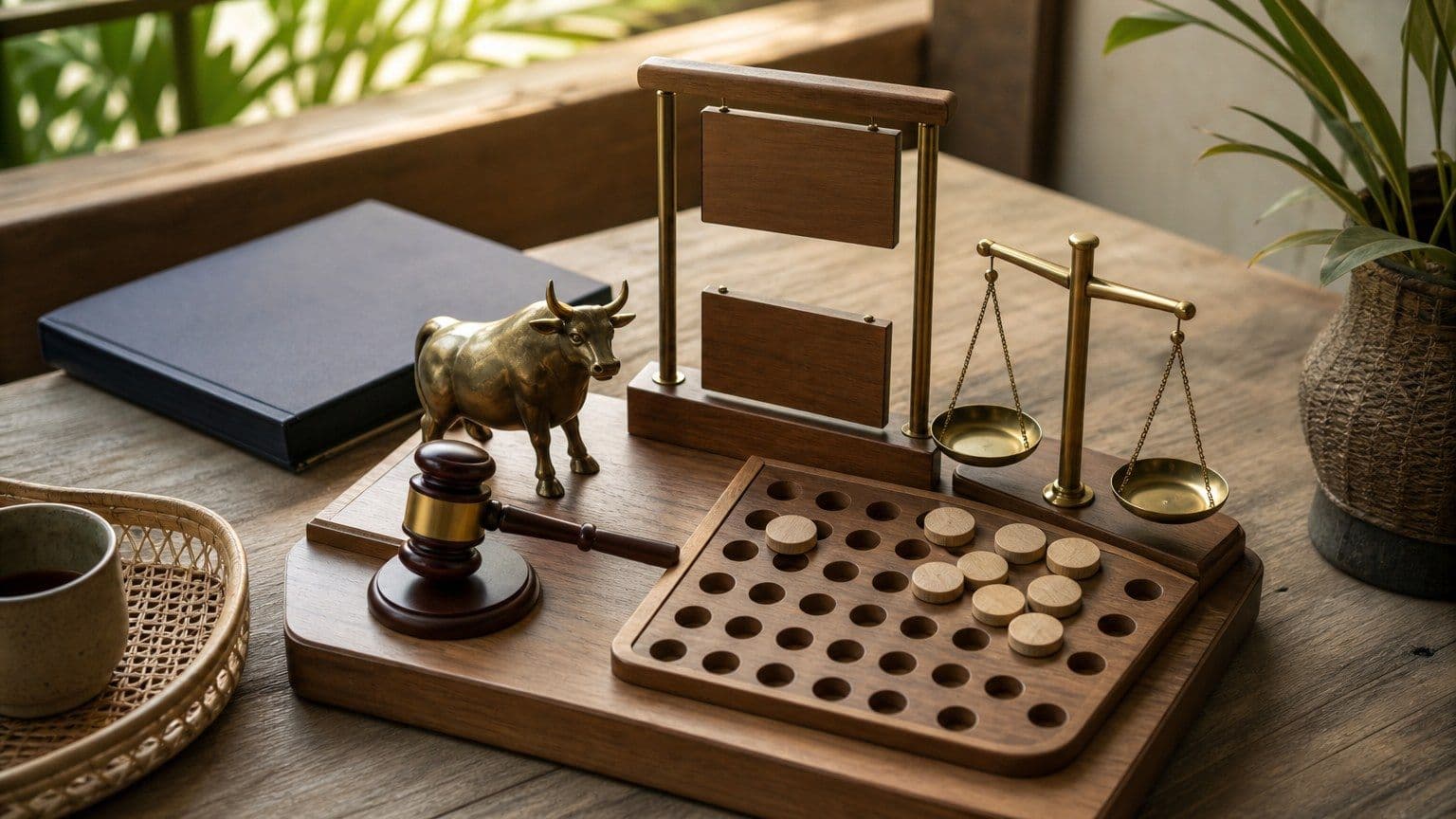 Papan belajar pasar saham dengan palu lelang, patung banteng, gerbang batas harga, baki free float, dan neraca valuasi.
