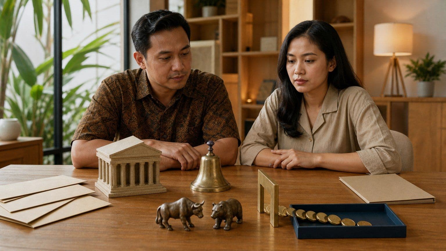 Dua investor Indonesia melihat ilustrasi penawaran saham perdana dengan lonceng bursa, map kosong, dan token investasi.
