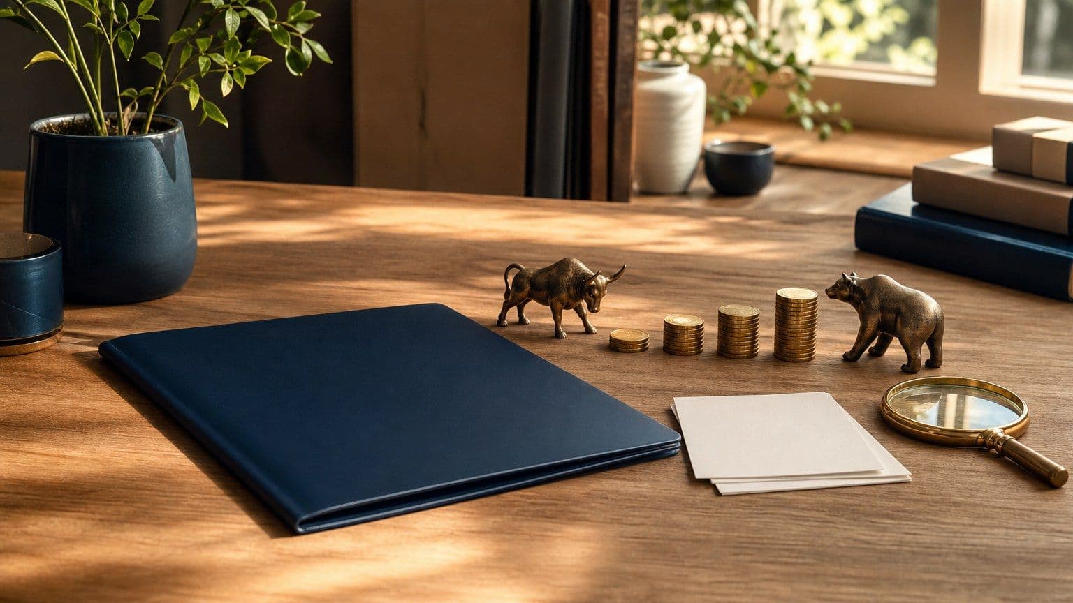 Meja belajar investasi dengan kartu kosong, folder portofolio, dan figur banteng serta beruang.