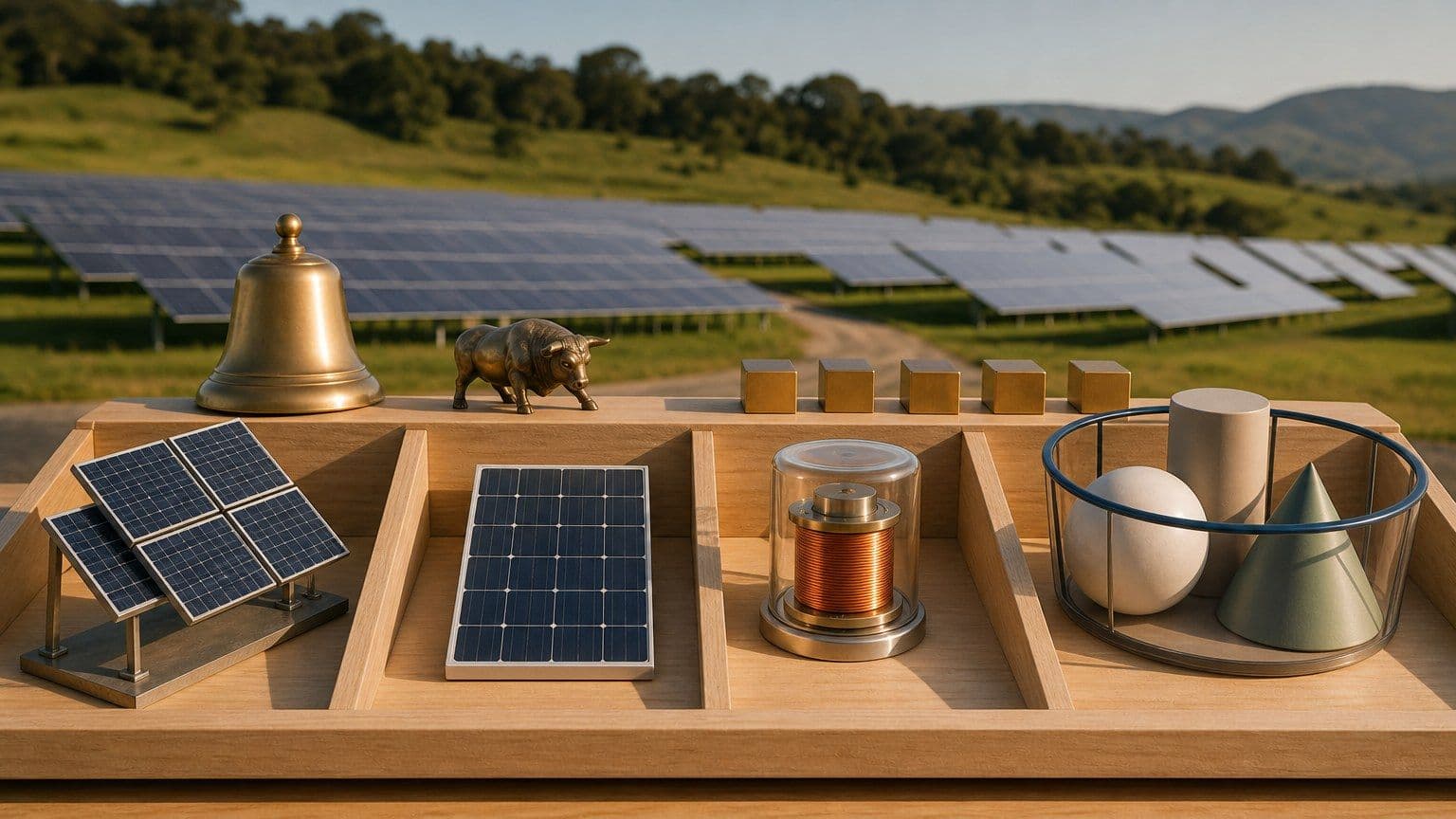 Komponen industri energi surya tersusun dalam beberapa bagian portofolio di meja investasi dengan ladang panel surya di belakang.